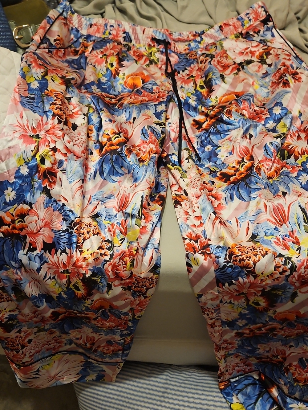 Victoria's Secret Pink Floral Drawstring Track Pants with Blue Accents